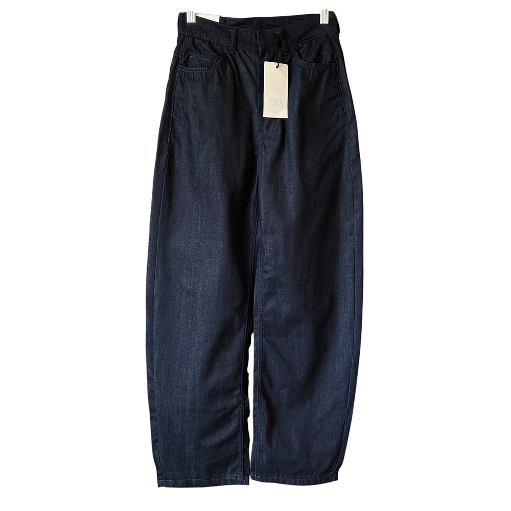 Zara ZW Barrel Pant Dark Indigo Rigid Denim 100% Cotton High Rise Size 0 NEW